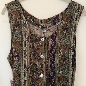 Vintage Midi Paisley Belted Button Down Swing Skirt Dress